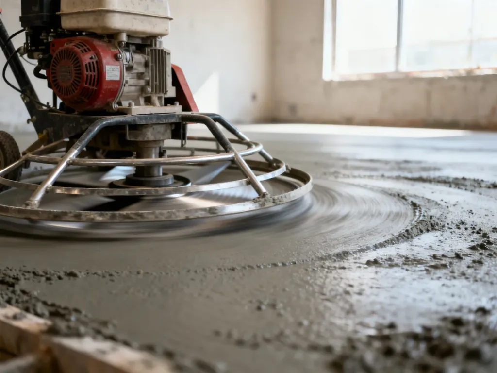 Profesjonalna zacieraczka mechaniczna wygładzająca świeżą wylewkę betonową na placu budowy.