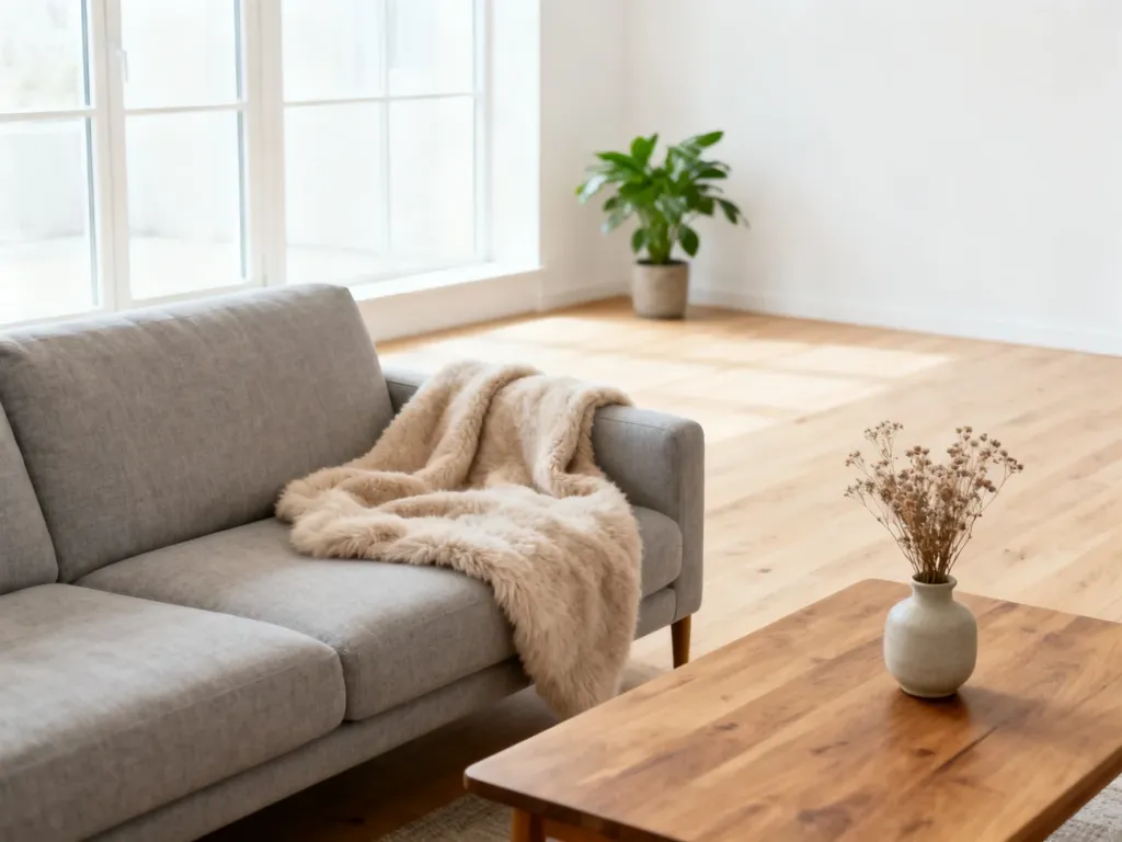 Przytulny salon w stylu skandynawskim z jasnoszarą sofą, drewnianym stolikiem i naturalnym światłem wpadającym przez okna.