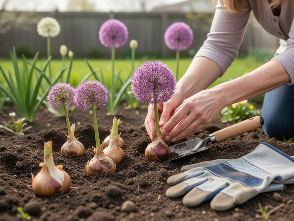Sadzenie cebulek czosnku ozdobnego w świeżej ziemi w wiosennym ogrodzie, z łopatką, rękawicami i kwitnącymi allium w tle