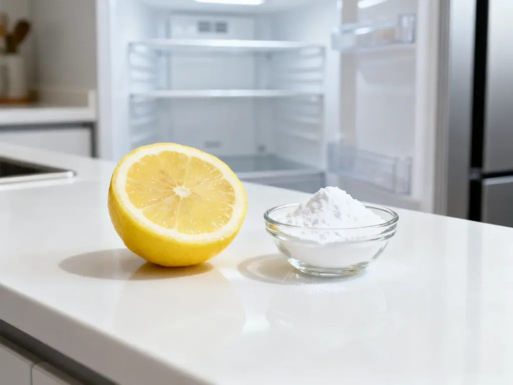Cytryna i soda oczyszczona na blacie kuchennym obok czystej lodówki, ilustrujące naturalne sposoby na jej mycie.