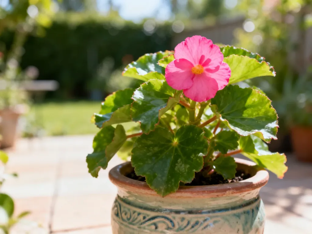 Kwitnąca begonia w ceramicznej doniczce z wyraźnymi różowymi kwiatami i zielonymi liśćmi na tle słonecznego ogrodu.