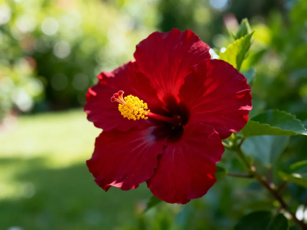 Zbliżenie na intensywnie czerwony kwiat hibiskusa z wyraźnym żółtym pręcikiem na tle rozmytego, zielonego ogrodu.