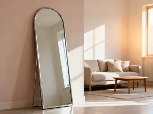 Jasny salon w stylu minimalistycznym z drewnianymi akcentami, beżową sofą i roślinami, tworzący przytulną atmosferę.