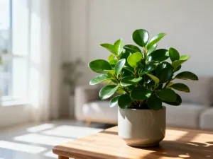 Kwitnący storczyk phalaenopsis w słonecznym salonie, prezentujący zdrowe płatki i liście w domowym wnętrzu.