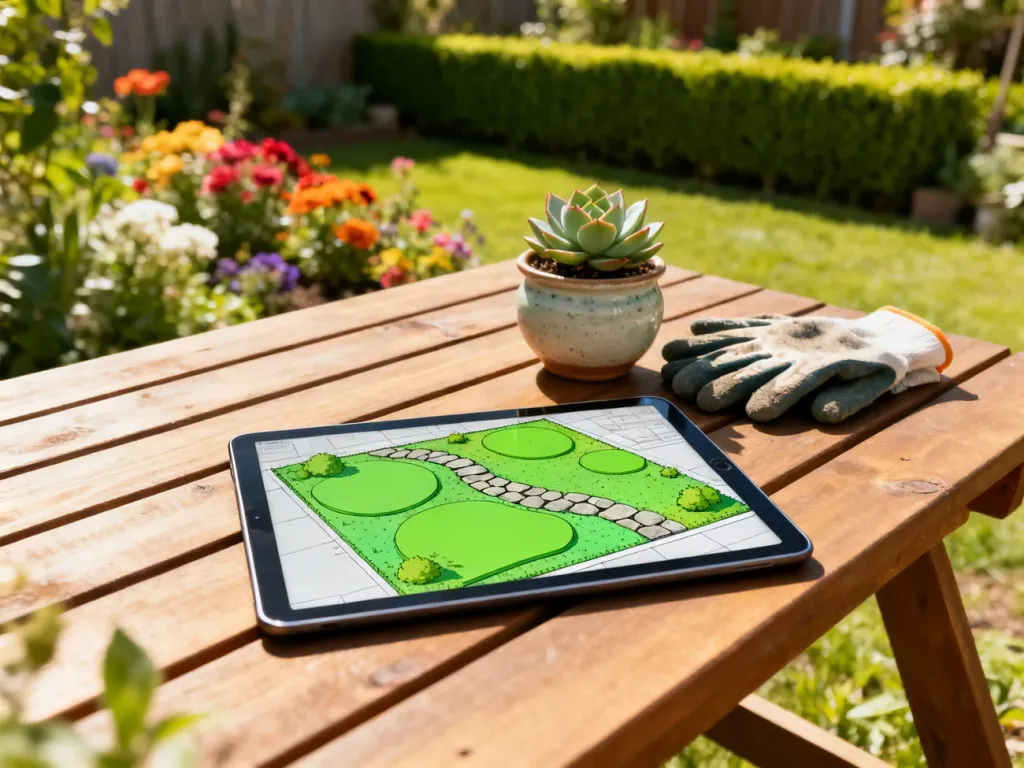 Tablet z projektem ogrodu na drewnianym stole, obok którego leżą rękawice ogrodnicze i sukulent w doniczce.