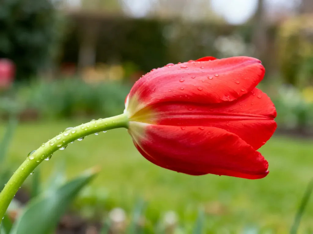 Zbliżenie na czerwony kwiat tulipana w pełnym rozkwicie z widocznymi kroplami wody na łodydze.