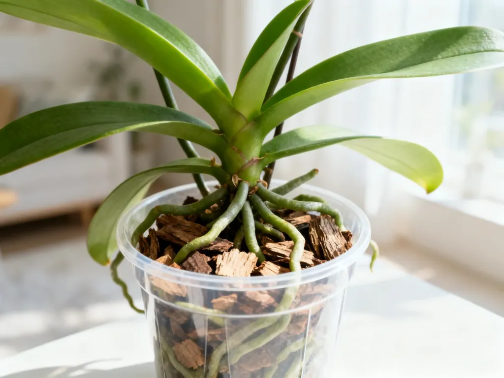 Zdrowy storczyk Phalaenopsis w przezroczystej doniczce z widocznymi korzeniami powietrznymi i odpowiednim podłożem z kory.