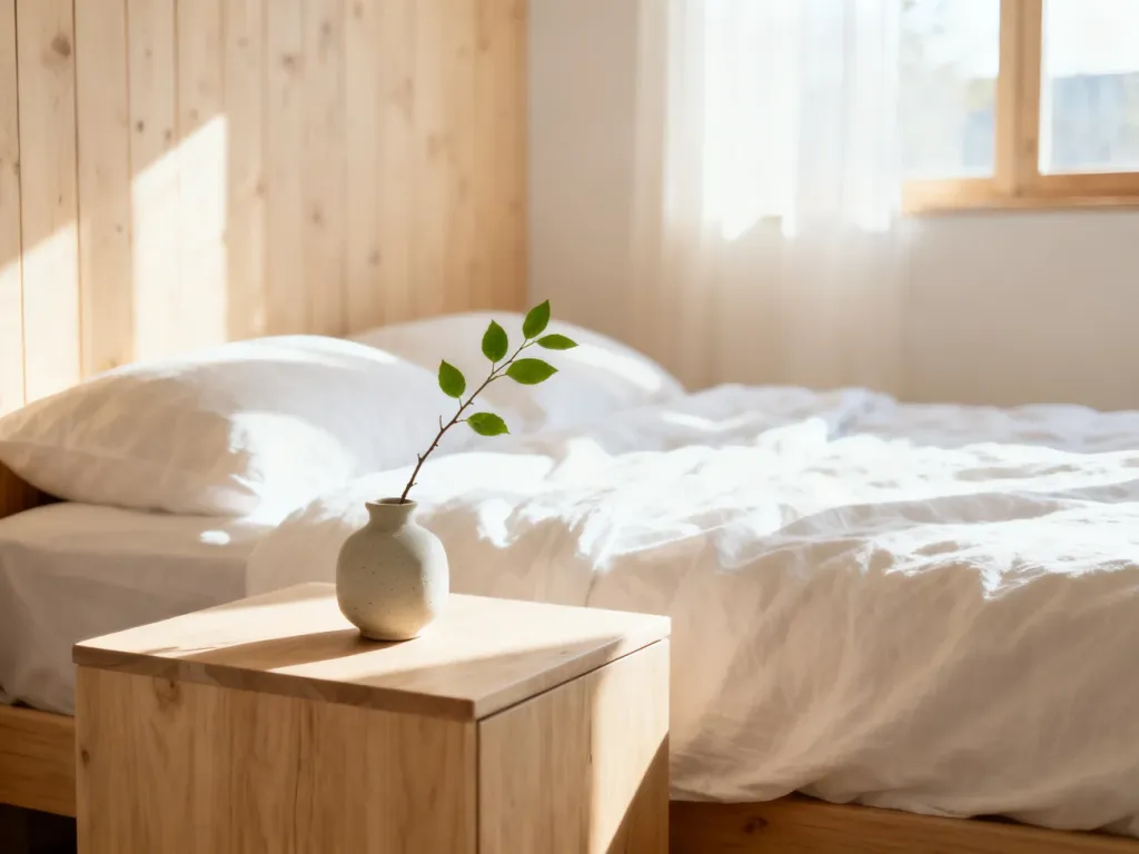 Przytulna sypialnia w bieli i jasnym drewnie z minimalistycznym stolikiem nocnym oraz naturalnym oświetleniem.