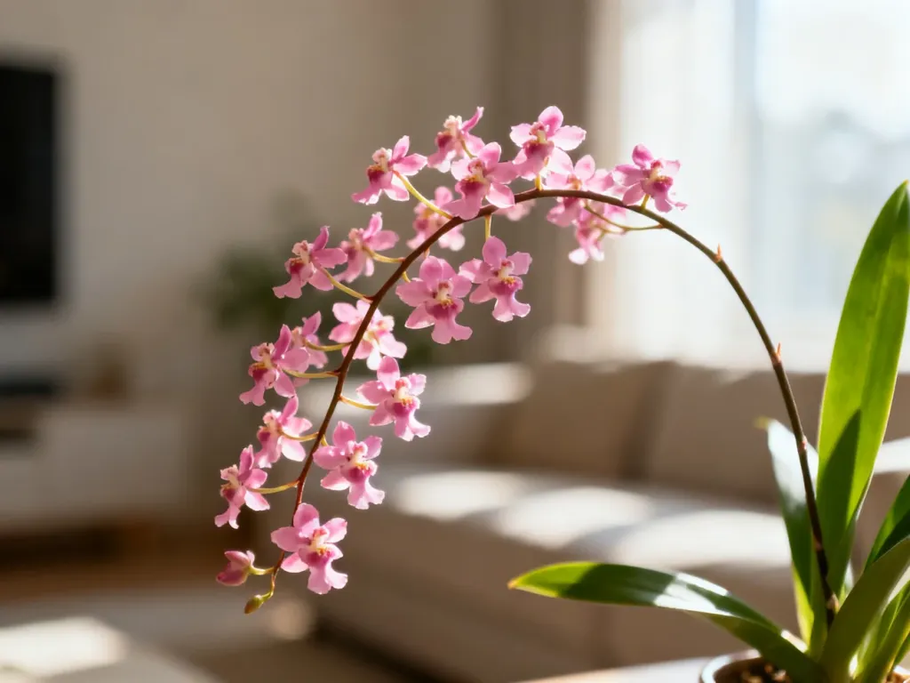 Zbliżenie na kwitnącego storczyka Phalaenopsis multiflora z licznymi drobnymi, różowymi kwiatami w jasnym wnętrzu.