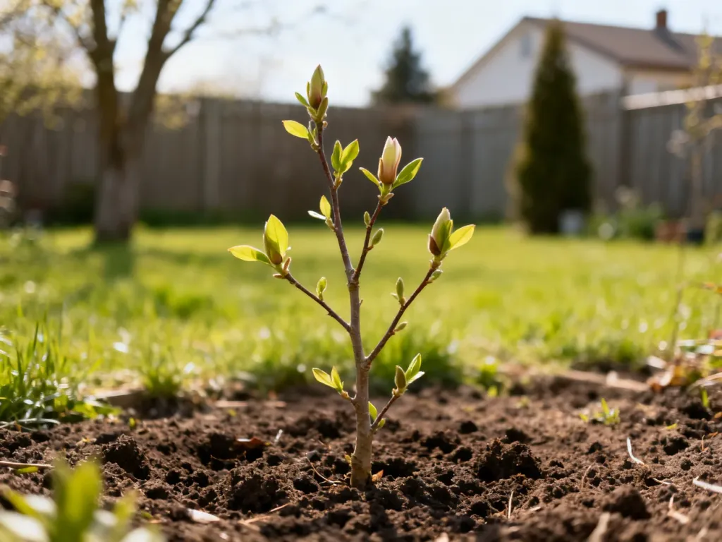 Młoda sadzonka magnolii z pąkami w wiosennym ogrodzie, posadzona w świeżej, miękkiej ziemi na trawniku.