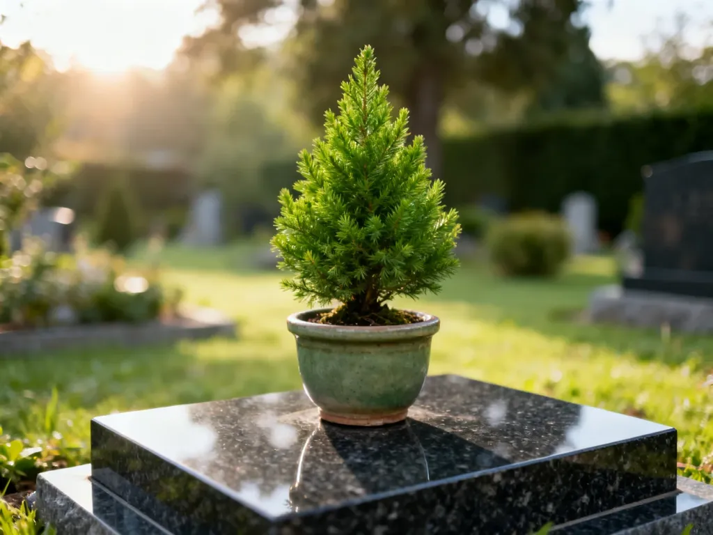 Mały iglak w ceramicznej doniczce ustawiony na granitowym nagrobku w słoneczny, spokojny poranek.