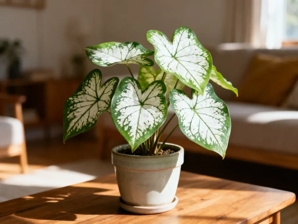 Roślina Caladium o sercowatych, biało-zielonych liściach w ceramicznej doniczce na drewnianym stole.