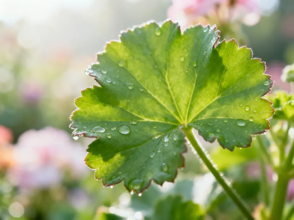 Zbliżenie na zielony liść pelargonii z kroplami rosy w słonecznym ogrodzie.