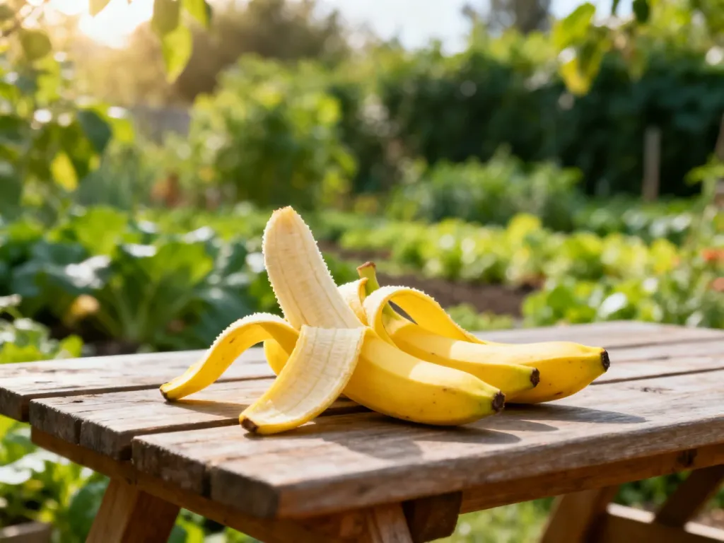 Świeże skórki od banana leżące na drewnianym stole ogrodowym, przygotowane do zrobienia domowego nawozu.