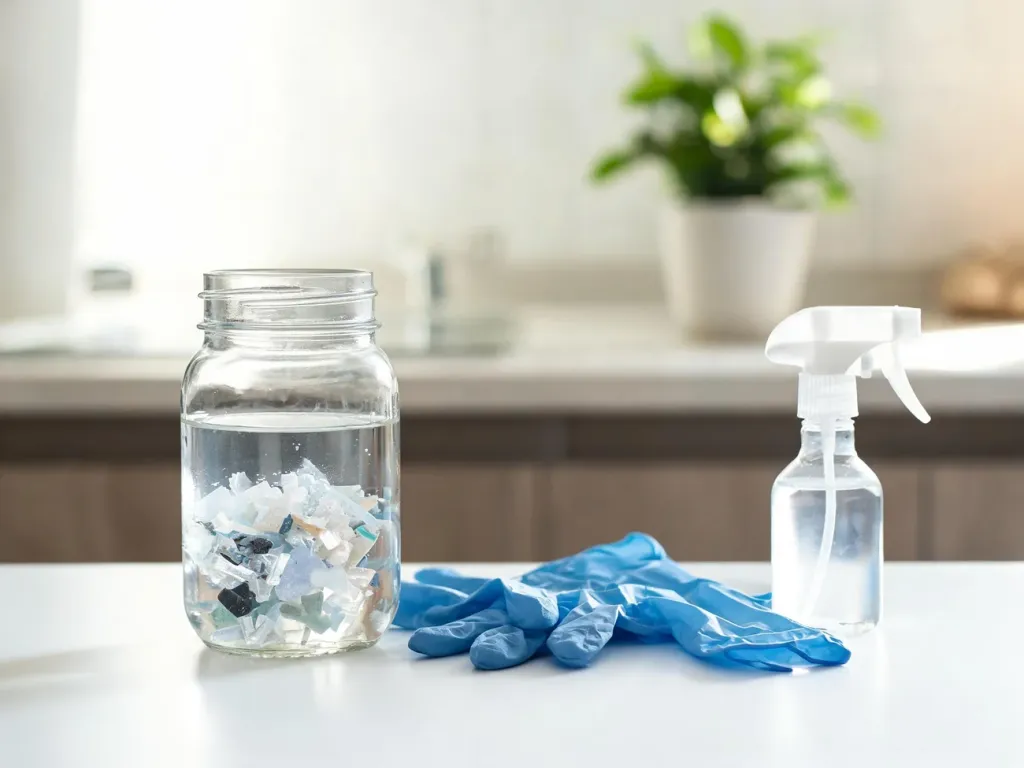 Plastikowe kawałki w słoiku z płynem, obok rękawiczki i spryskiwacz, domowe testowanie rozpuszczania plastiku