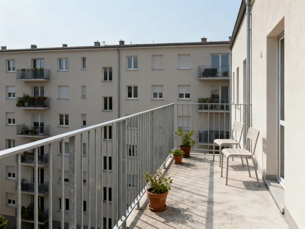 Mały balkon w bloku z lekkimi meblami i kilkoma donicami, podkreślający ograniczone, bezpieczne obciążenie konstrukcji.