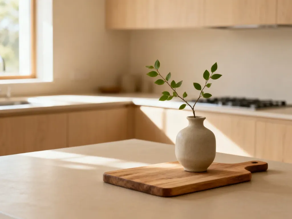 Minimalistyczna beżowa kuchnia z drewnianym blatem, ceramicznym wazonem i naturalnym światłem wpadającym przez okno.