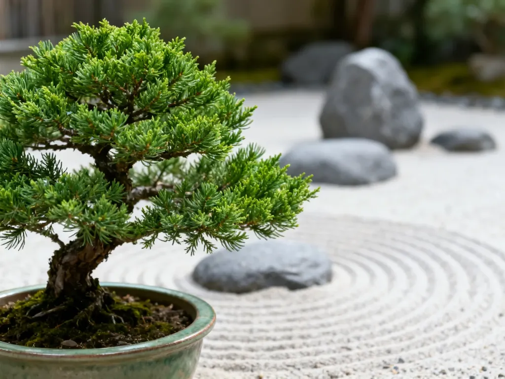Bonsai jałowca chińskiego w ceramicznej donicy na tle minimalistycznego ogrodu zen z grabionym piaskiem i kamieniami.