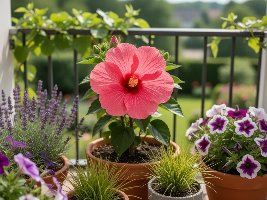 Hibiskus w donicy na słonecznym balkonie, otoczony lawendą, petuniami i trawami ozdobnymi jako rośliny towarzyszące