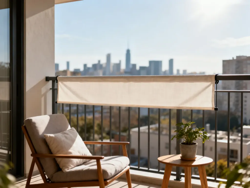 Przytulny balkon z nowoczesnym zadaszeniem z tkaniny zamontowanym bez wiercenia, uzupełniony o wygodny fotel i rośliny.