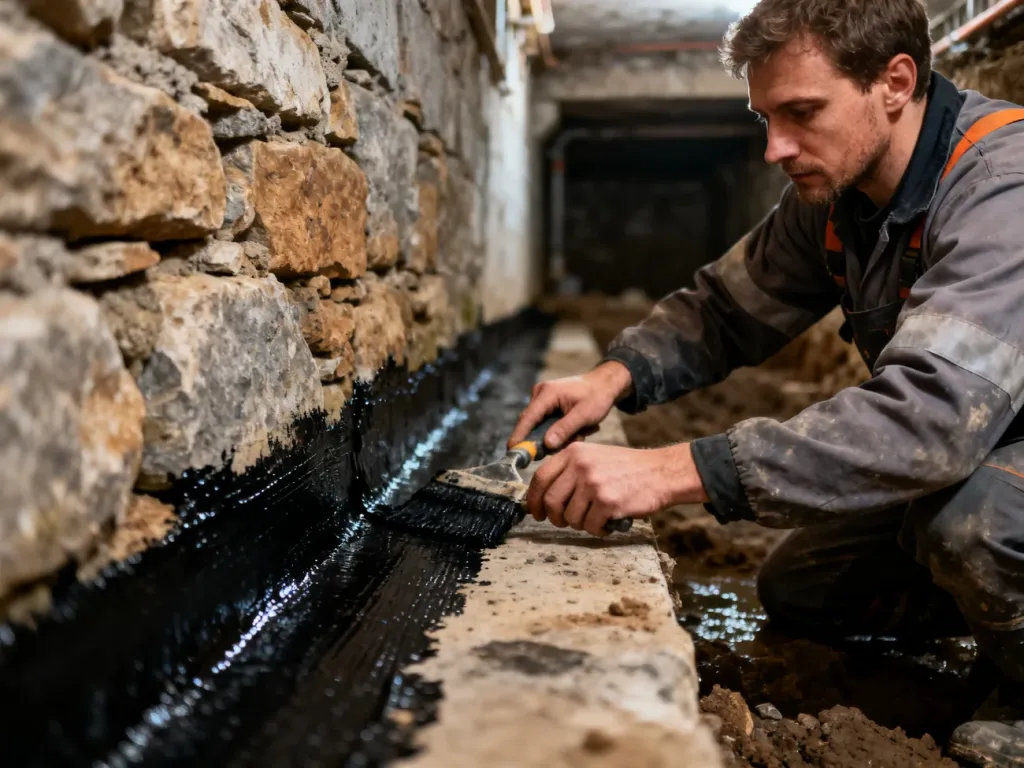 Pracownik budowlany nakłada masę bitumiczną na stary kamienny fundament, zabezpieczając go przed wilgocią.