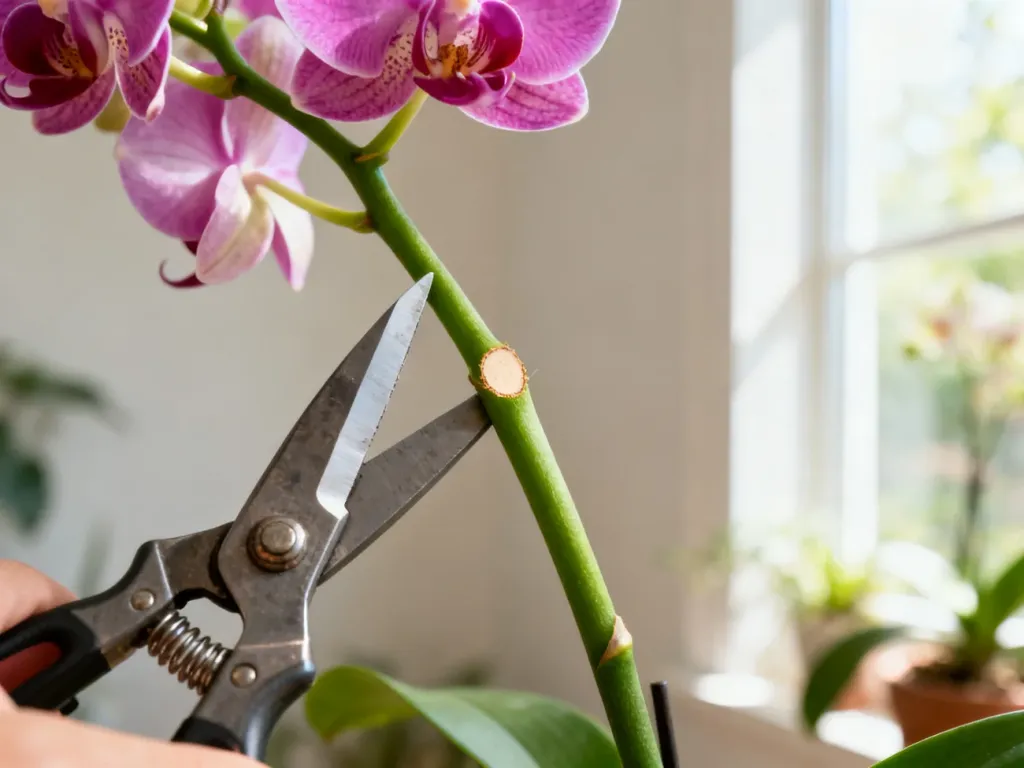Sekator przycinający zieloną łodygę storczyka Phalaenopsis, ukazujący precyzyjne cięcie w jasnym, domowym wnętrzu.