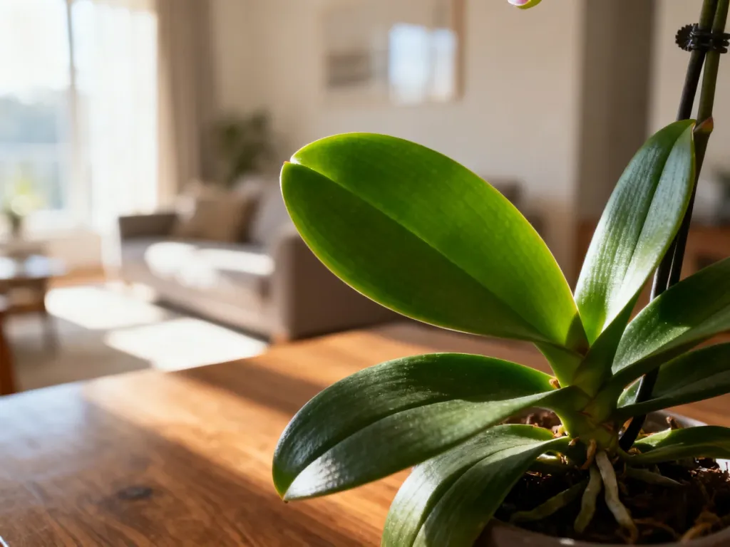 Zdrowe, soczyście zielone liście storczyka Phalaenopsis na drewnianym stole w jasnym, słonecznym wnętrzu.
