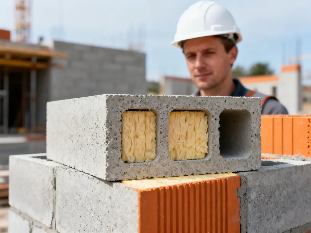 Nowoczesny pustak z wbudowaną warstwą izolacji termicznej, prezentujący zaawansowane rozwiązanie do energooszczędnego budowania.