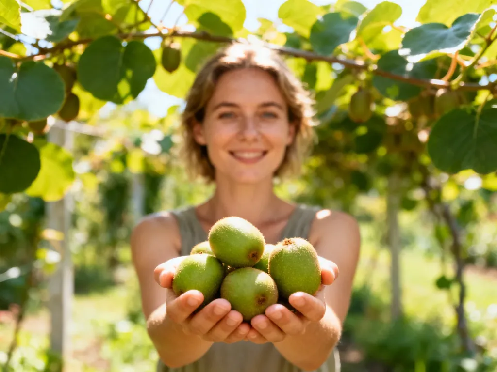 Kobieta trzymająca w dłoniach świeże owoce mini kiwi na tle bujnego ogrodu z pnączami.