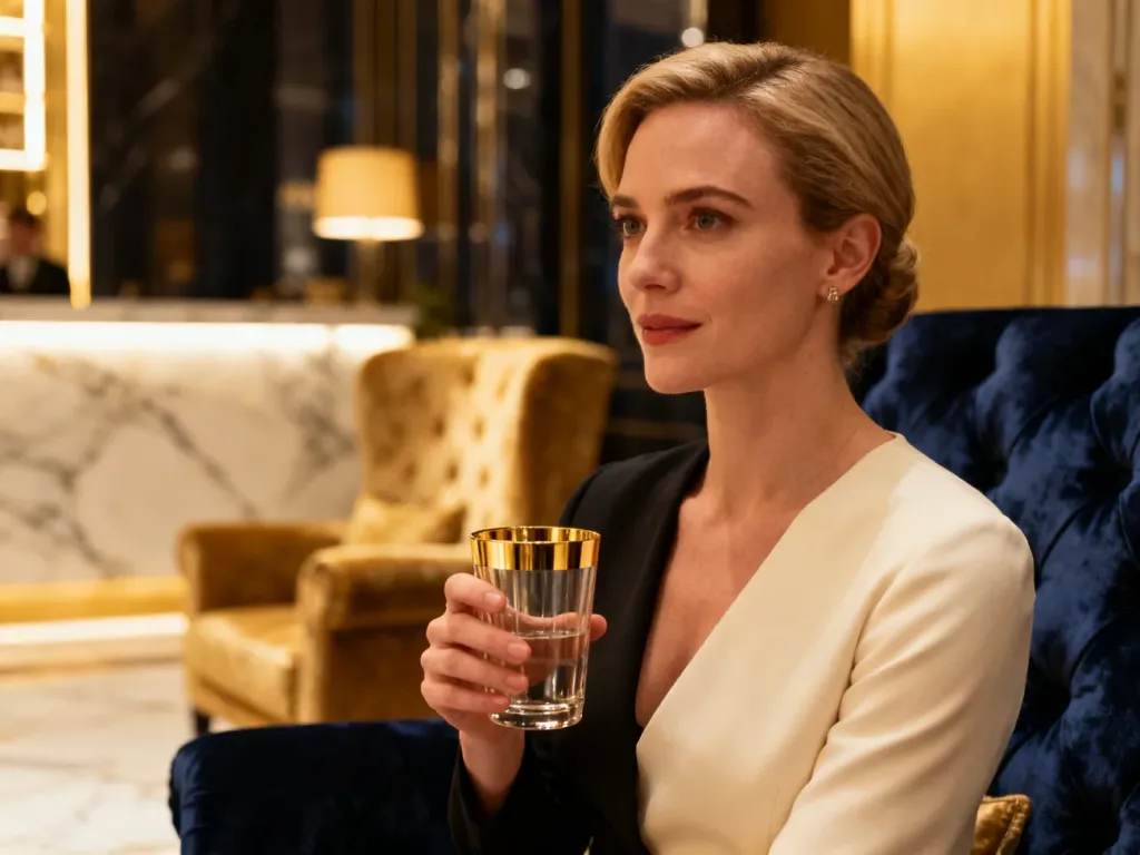 Elegancka kobieta w luksusowym lobby hotelowym, ilustrująca styl i wyrafinowanie kojarzone z pojęciem „fancy”.