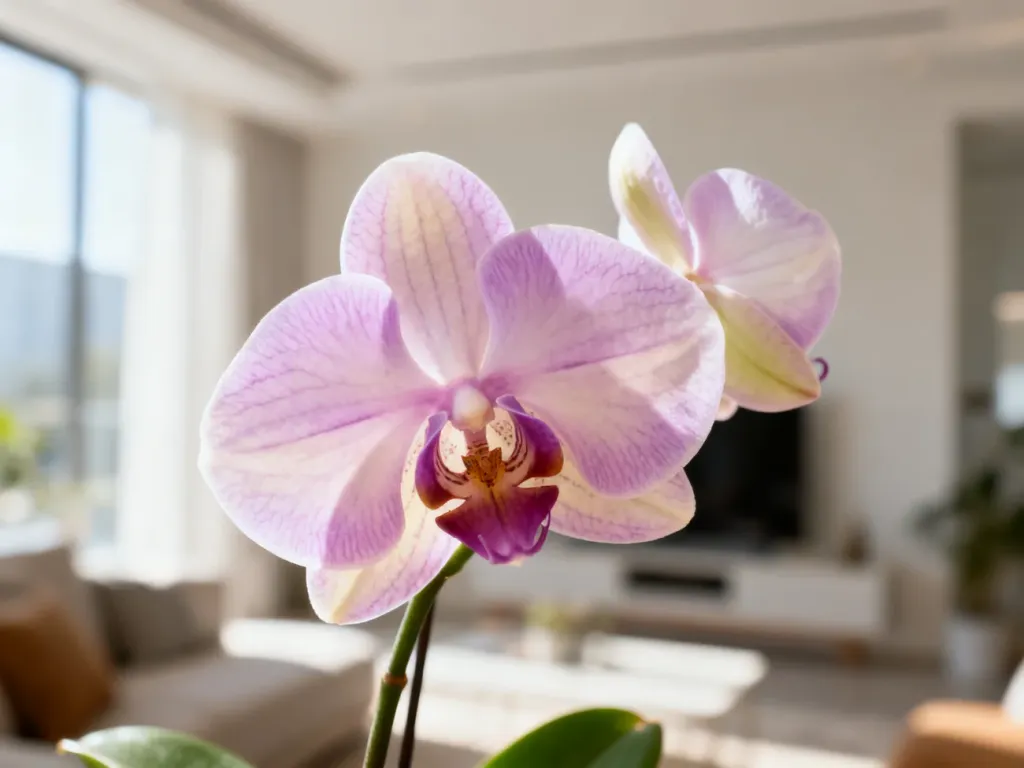 Kwitnący storczyk Phalaenopsis w nowoczesnym wnętrzu, podkreślający estetykę domowej uprawy roślin.