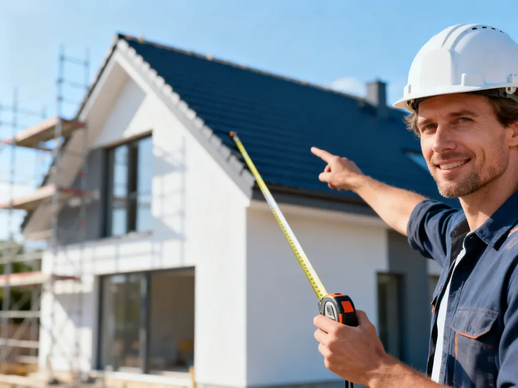 Architekt w kasku wskazuje linię dachu nowoczesnego domu, prezentując sposób pomiaru wysokości elewacji frontowej.