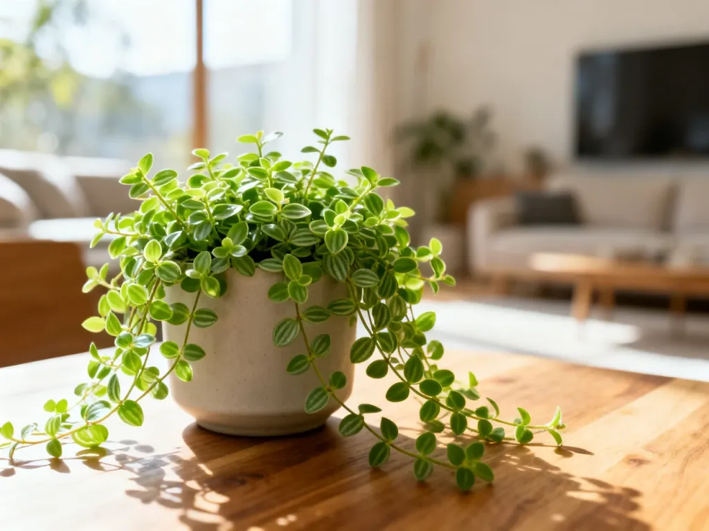 Kwitnąca Callisia repens w minimalistycznej doniczce na tle jasnego, nowoczesnego salonu.
