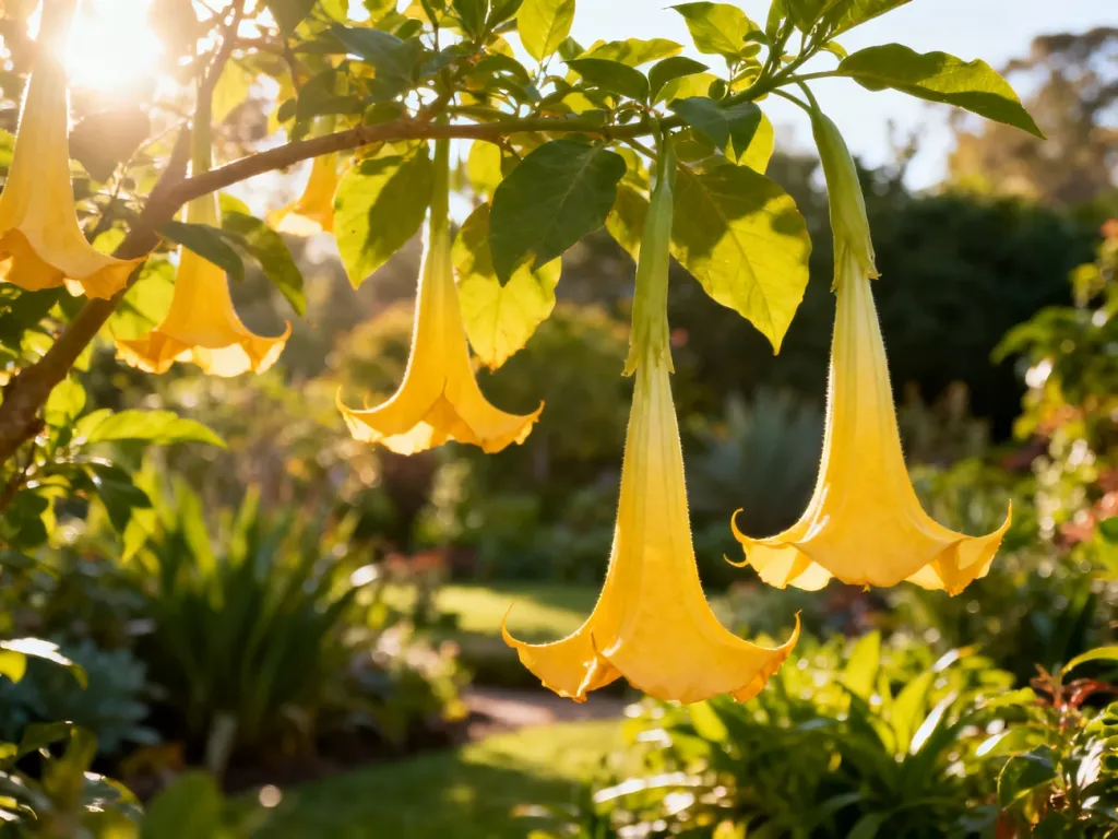 Kwitnąca brugmansia z dużymi, żółtymi kwiatami w kształcie trąbek w słonecznym ogrodzie.