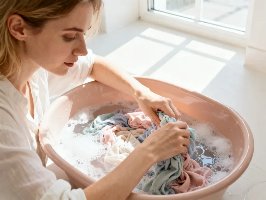 Kobieta ręcznie pierze delikatną odzież w ceramicznej misce z wodą i pianą w jasnej, przytulnej pralni.
