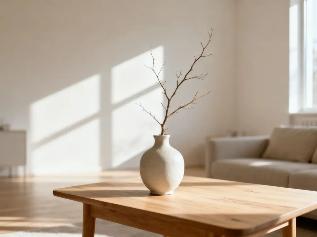 Elegancki ceramiczny wazon z suchą gałązką na drewnianym stole, podkreślający spokój minimalistycznego wnętrza.