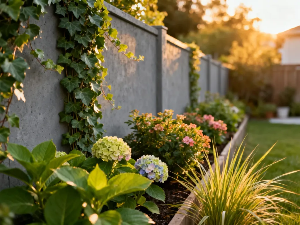 Bujny ogród wertykalny z pnączami i hortensjami przy betonowym płocie, tworzący przytulną atmosferę w świetle zachodzącego słońca.