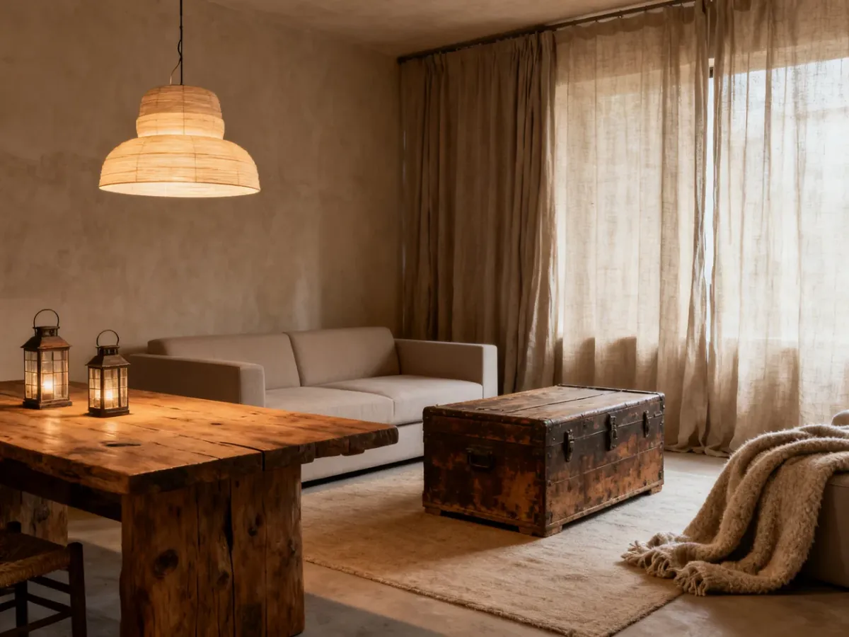 Przytulny rustykalny salon z drewnianymi meblami i nowoczesną sofą