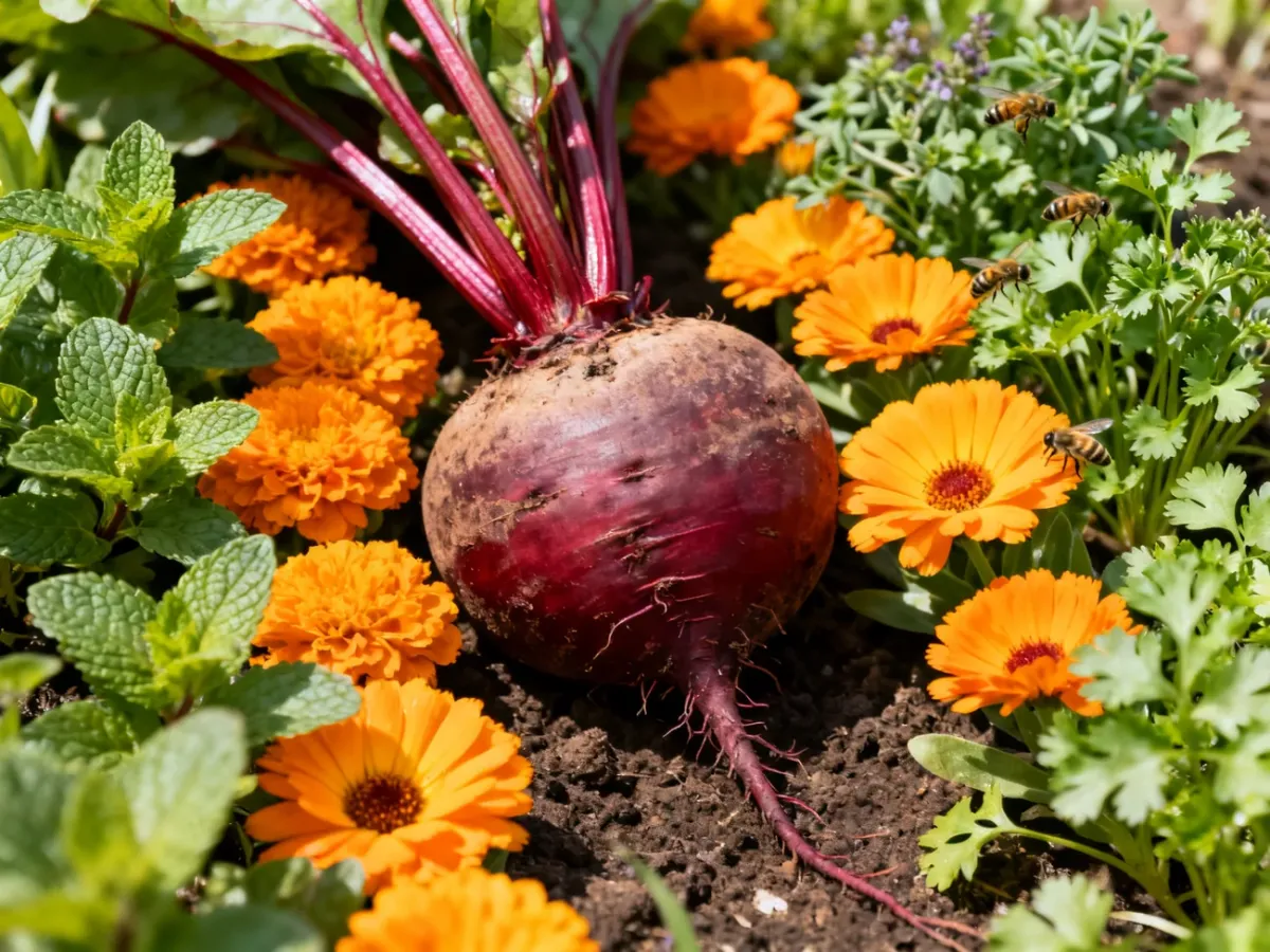 Buraki otoczone aksamitkami, nagietkami i aromatycznymi ziołami