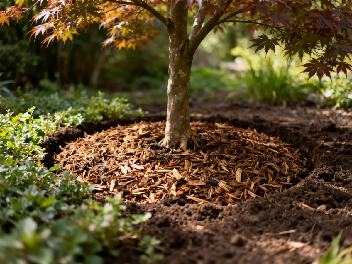 Klon palmowy z wolną przestrzenią przy pniu i ściółką chroniącą korzenie