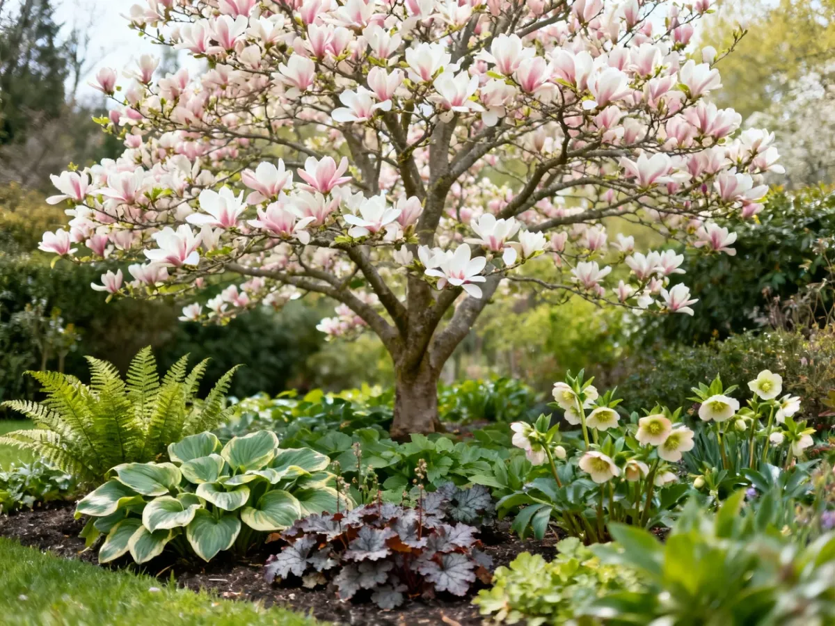 Kwitnąca magnolia otoczona cieniolubnymi bylinami