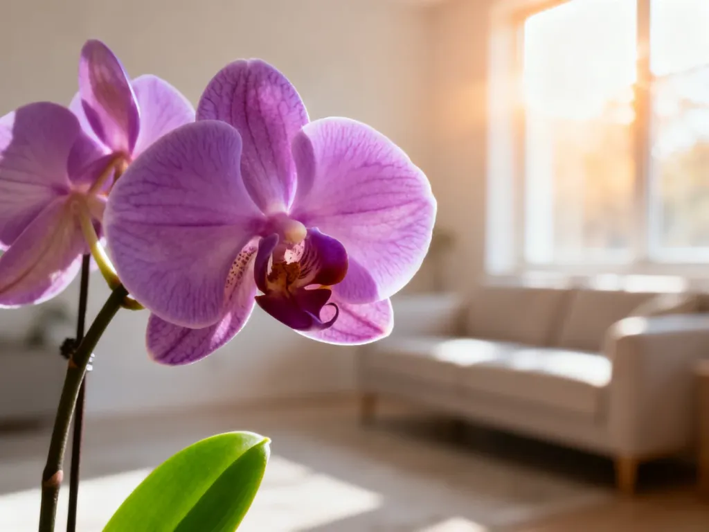 Kwitnący storczyk phalaenopsis w słonecznym salonie, prezentujący zdrowe płatki i liście w domowym wnętrzu.