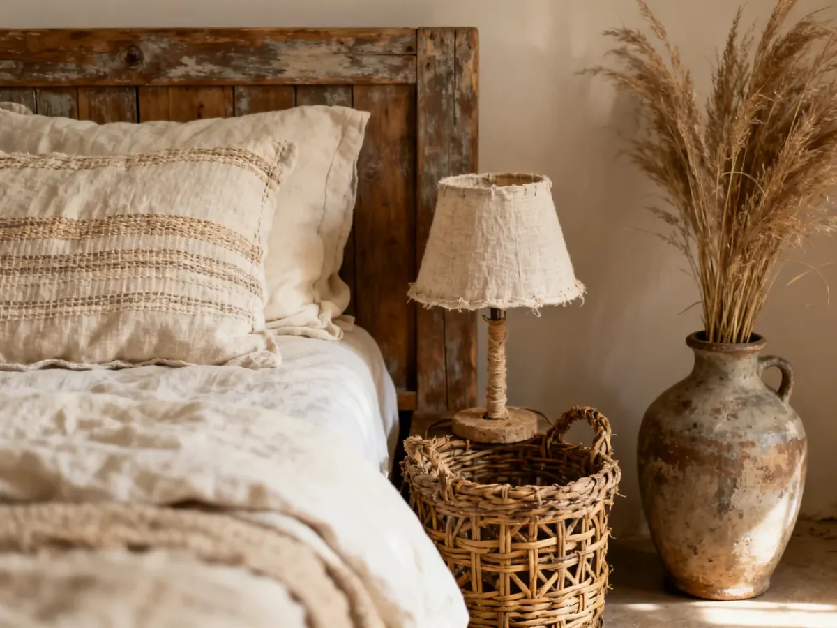 Detal rustykalnej sypialni z naturalnymi tkaninami i ceramicznym wazonem