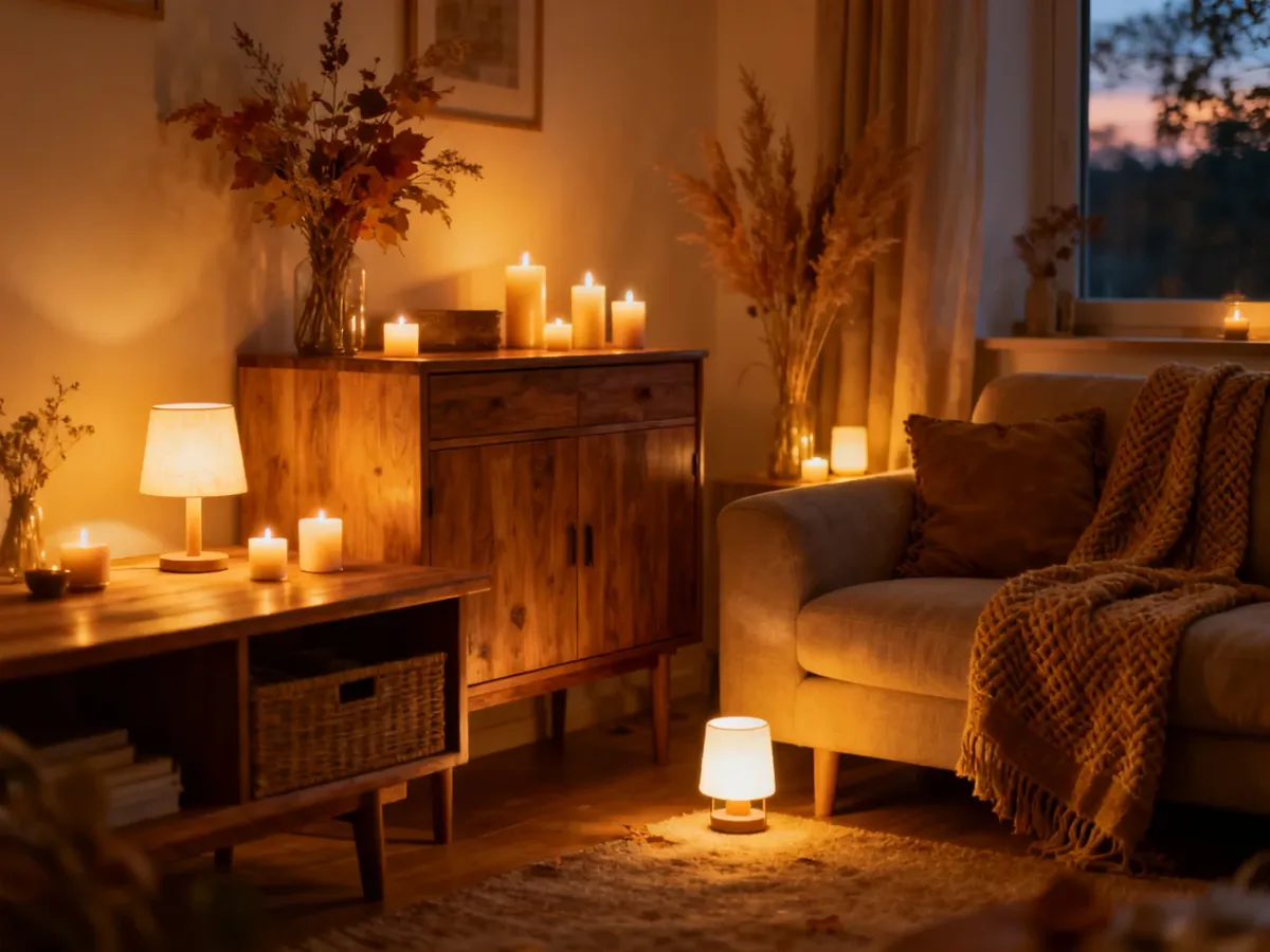 Salon oświetlony ciepłym światłem świec i lamp