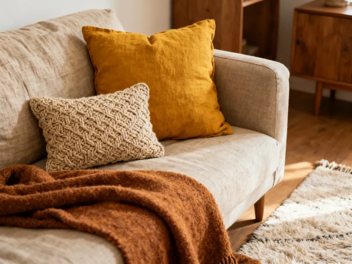 Sofa z warstwą miękkich jesiennych tekstyliów