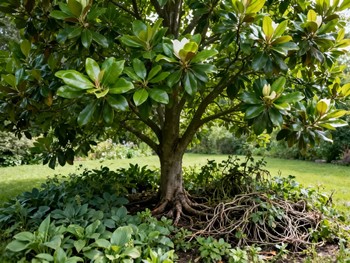 Magnolia z odpowiednim i zbyt konkurencyjnym sąsiedztwem roślin