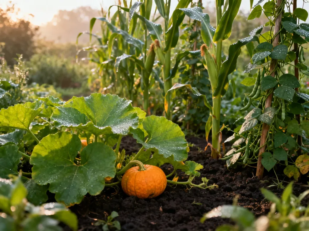 Uprawa dyni w towarzystwie kukurydzy i fasoli w przydomowym ogrodzie. Rośliny rosnące razem na żyznej, wilgotnej glebie.
