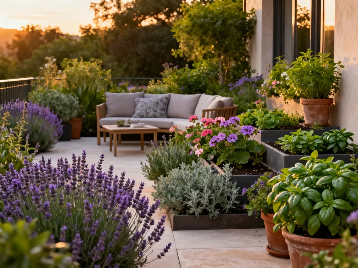 Grouped aromatic plants arranged around a garden seating area