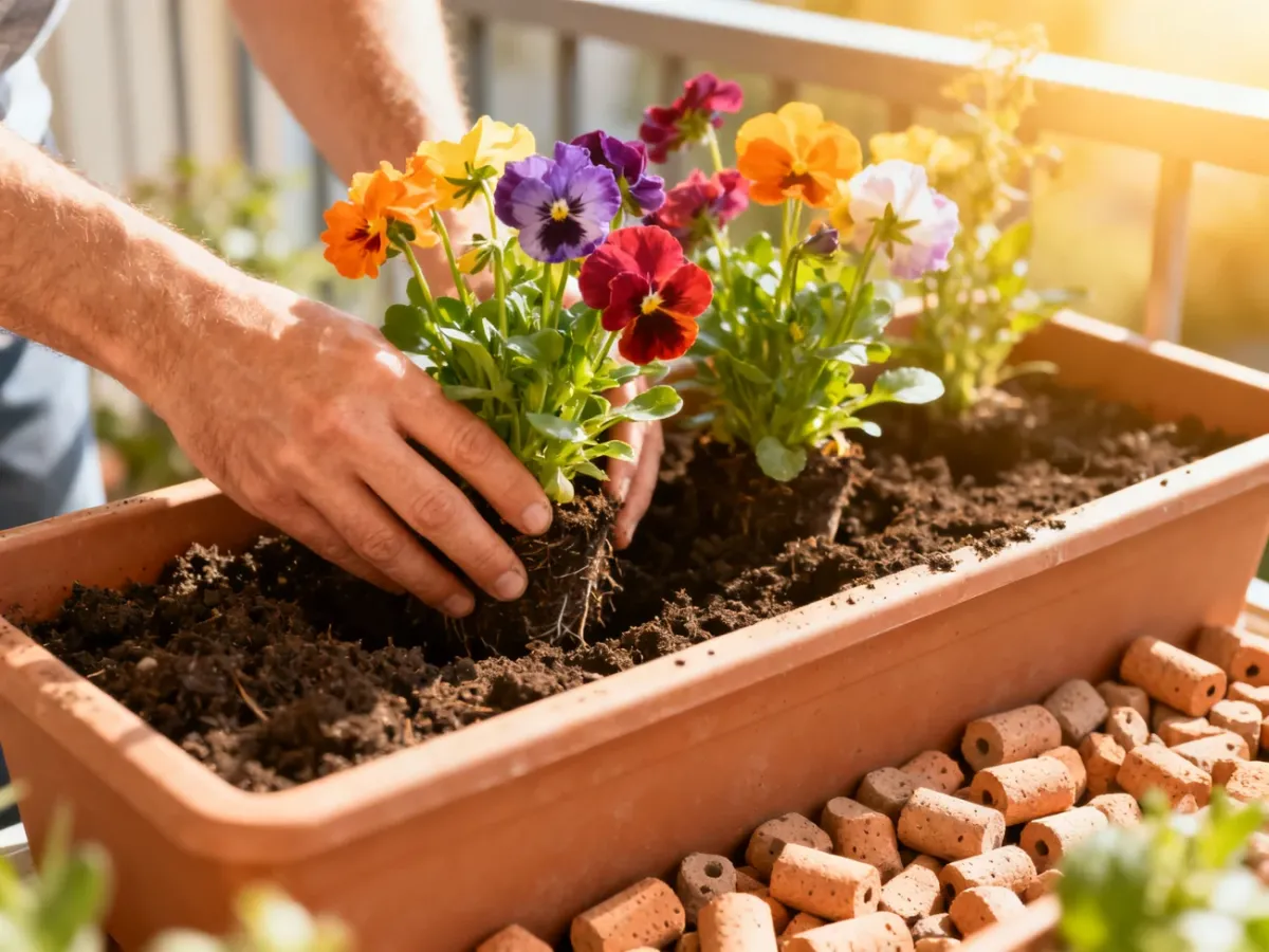 Hands planting flowers over a drainage layer in a balcony planter