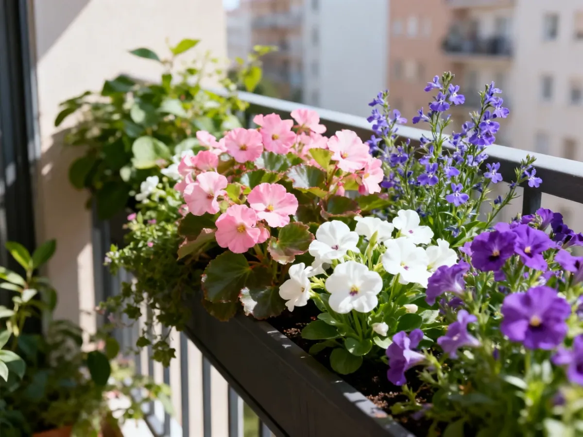 Begonias, impatiens, and lobelia blooming in a shaded balcony planter